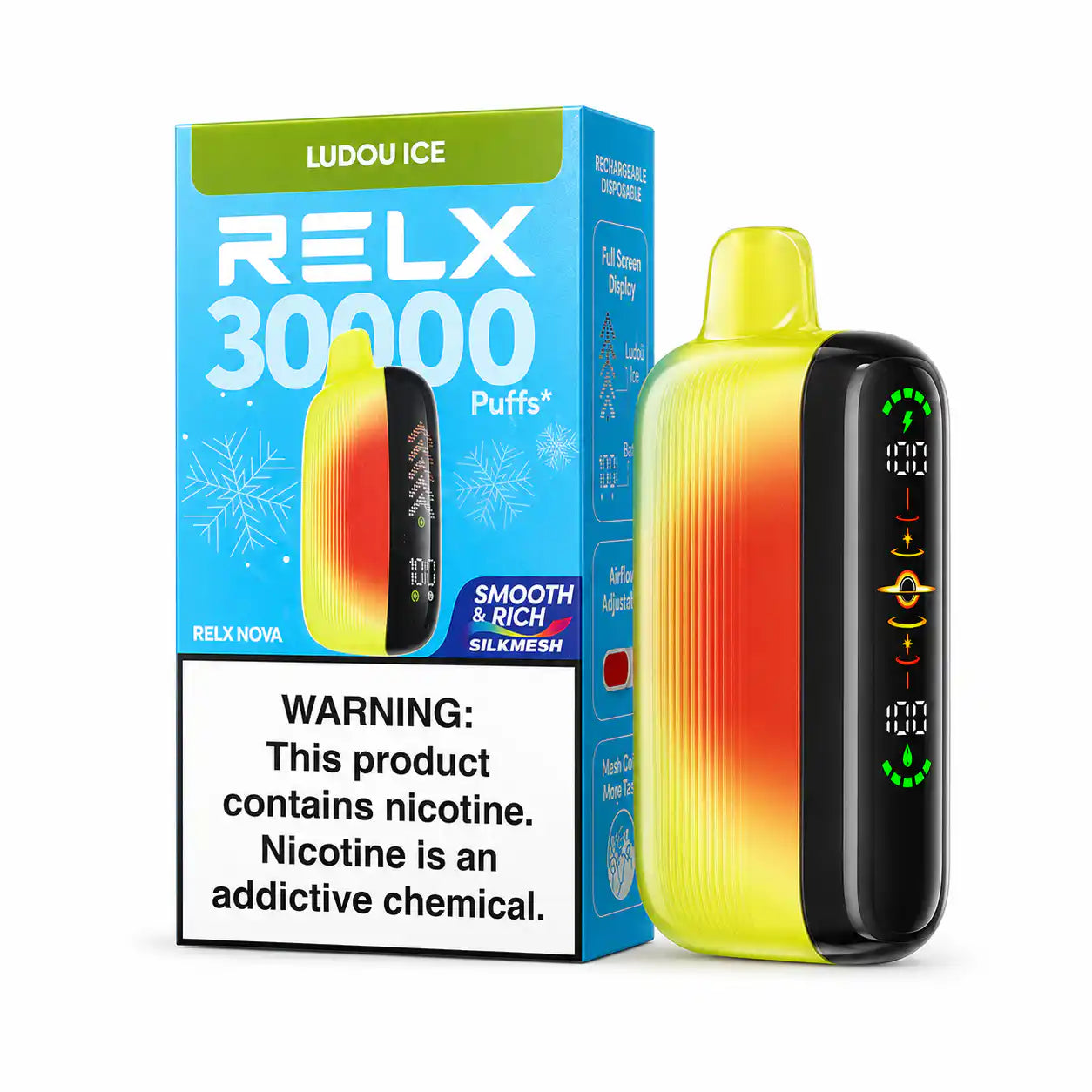 Ludou Ice RELX Nova Silkmesh 30K disposable vape, iced, 30,000 puffs, 3% nicotine