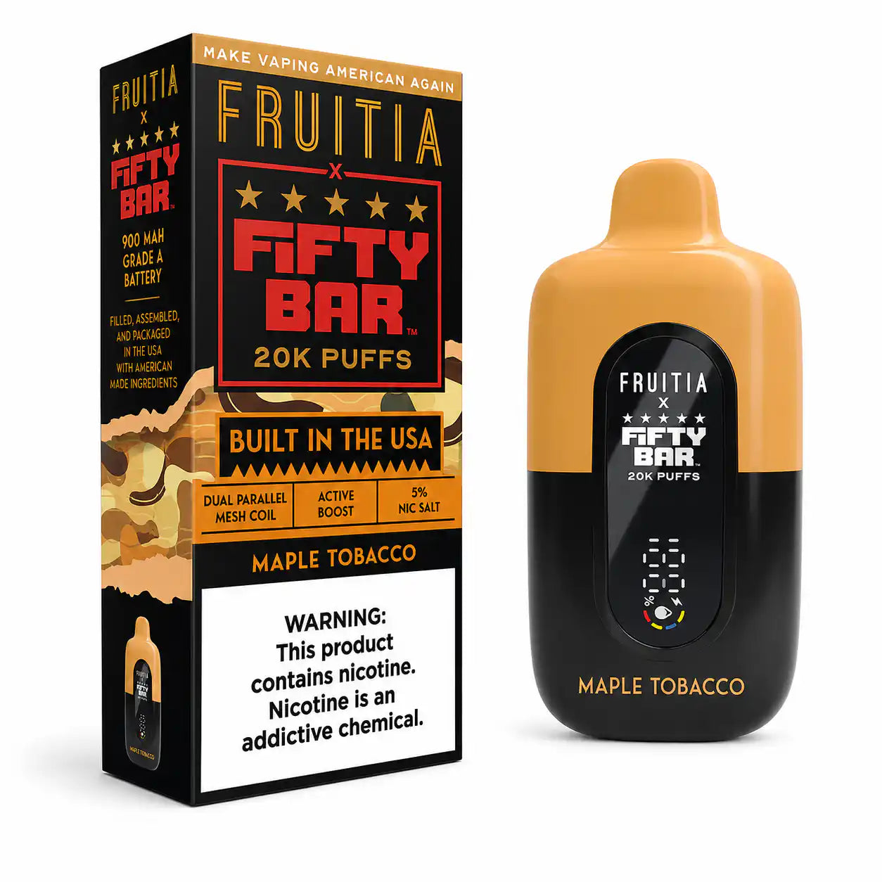 Maple Tobacco Fifty Bar 20K disposable vape, no ice, 20,000 puffs, 5% nicotine