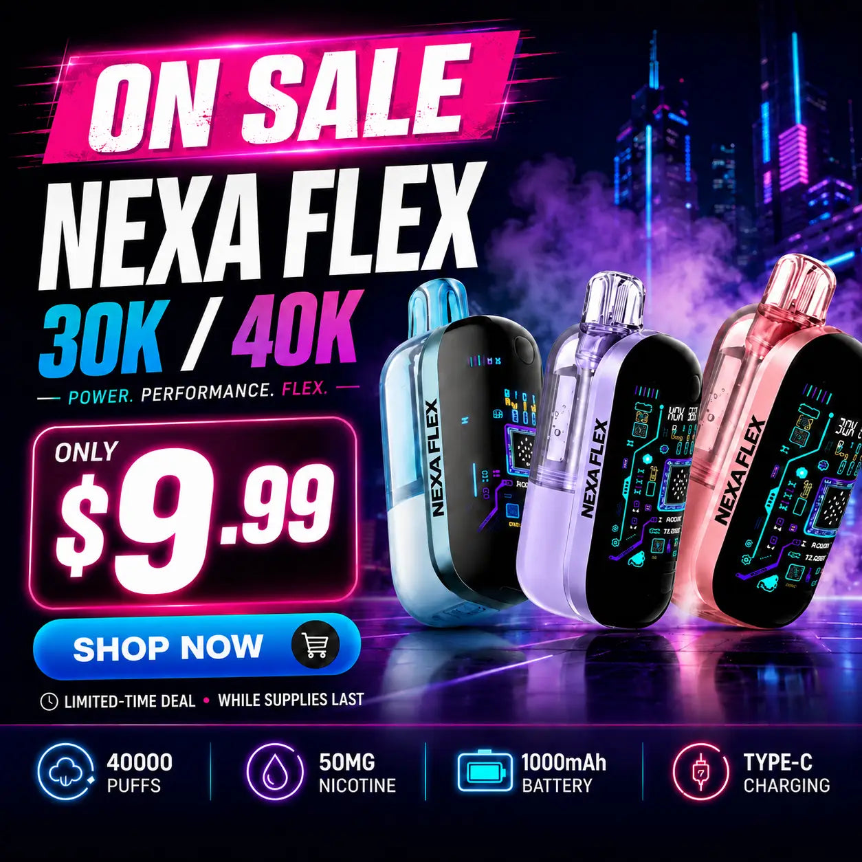 NEXA Flex disposable vapes on sale for $9.99 at JellyPuffs