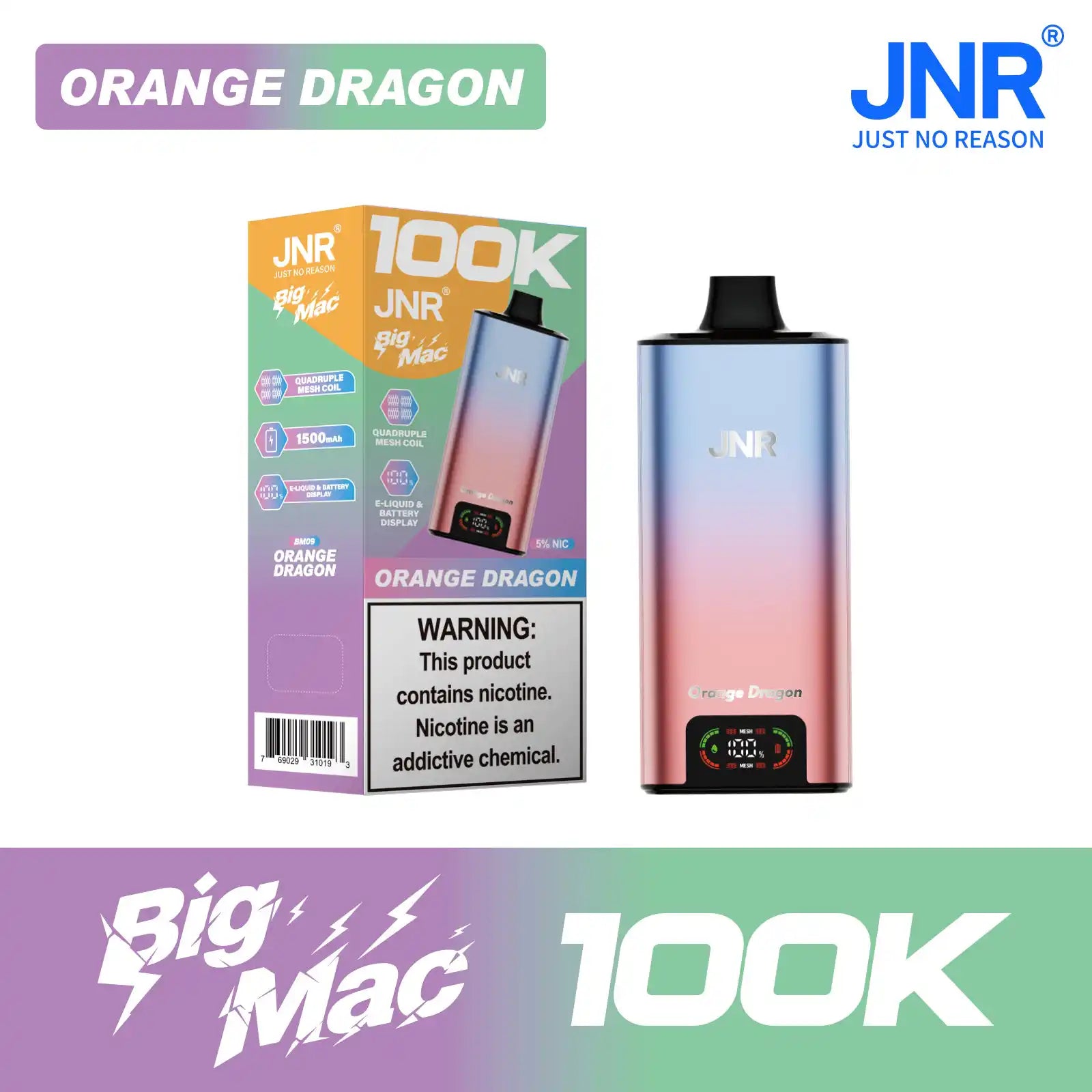 Orange Dragon JNR Big Mac 100K disposable vape, no ice, 100,000 puffs, 5% nicotine