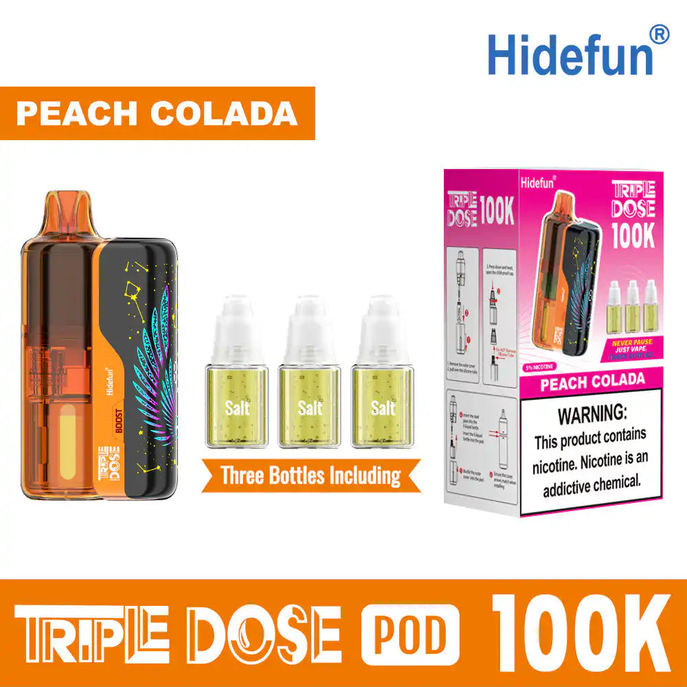 Peach Colada Hide Fun Triple Dose 100K Kit disposable vape, no ice, 100,000 puffs, 5% nicotine