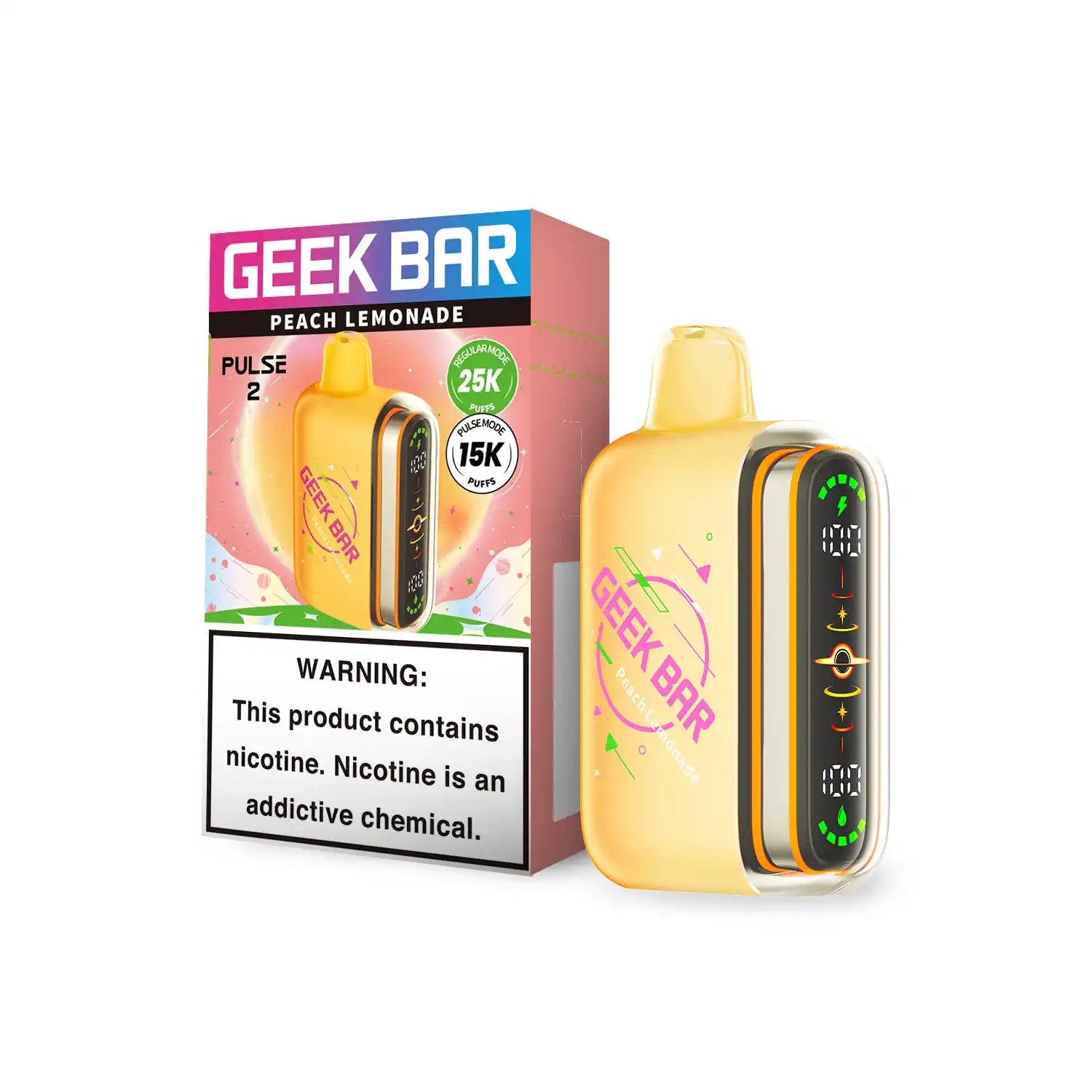 Peach Lemonade Geek Bar Pulse 2 25K disposable vape, no ice, 25,000 puffs, 5% nicotine