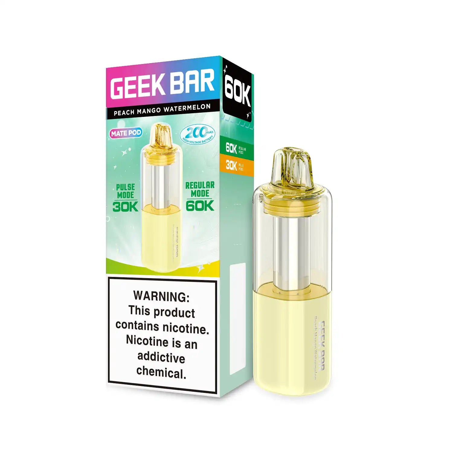 Peach Mango Watermelon Geek Bar Mate 60K disposable vape pod, no ice, 60,000 puffs, 5% nicotine