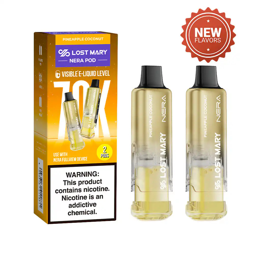 Pineapple Coconut Lost Mary Nera Fullview 70K disposable vape pod, iced, up to 70,000 puffs, 5% (50mg) nicotine