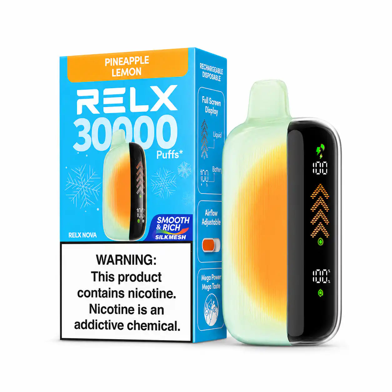 Pineapple Lemon RELX Nova Silkmesh 30K disposable vape, no ice, 30,000 puffs, 3% nicotine