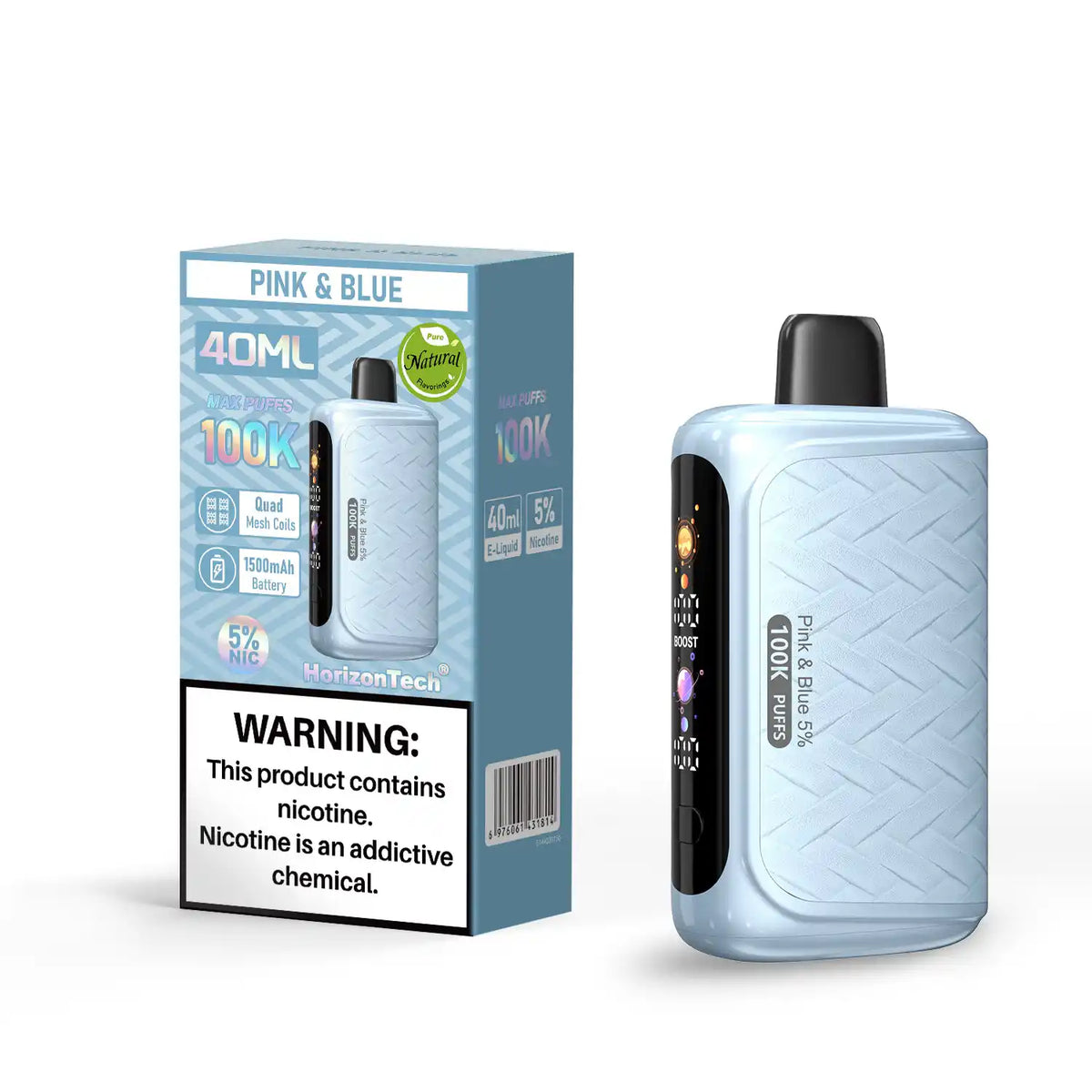 Pink & Blue HorizonTech 100K disposable vape, no ice, 100,000 puffs, 5% (50mg) salt nicotine — sweet pink strawberry-lemonade candy paired with sweet-tart blue raspberry, 40mL prefilled tank, 1,500mAh USB-C rechargeable battery, 0.8Ω quad mesh coil and HD side display.