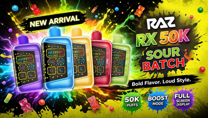 RAZ RX 50K Sour Batch new arrival website banner featuring five colorful devices on a bright yellow splash background with bold promotional text.