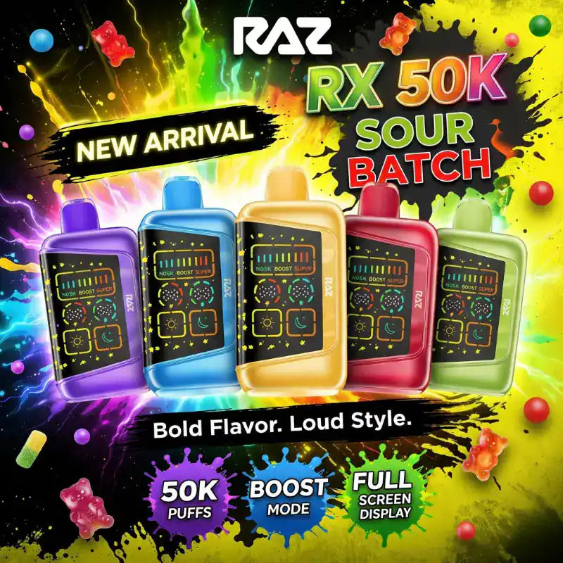 Promotional graphic for a vape device with colorful packaging and text on a vibrant background.