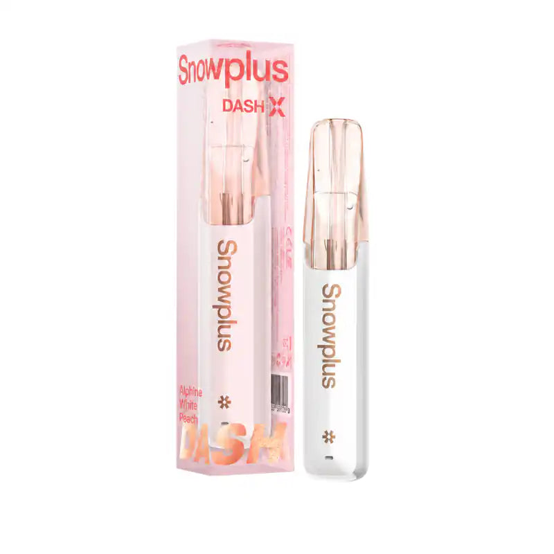 Alpine White Peach Snowplus DASH X 4000 disposable vape — 4,000 puffs, 7.5mL, 3% nicotine, ceramic atomizer — at JellyPuffs.com