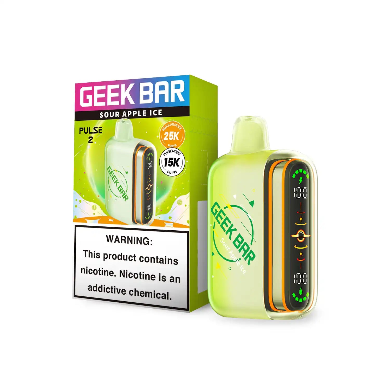 Sour Apple Ice Geek Bar Pulse 2 25K disposable vape, iced, 25000 puffs, 5% nicotine