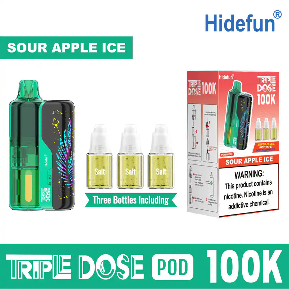 Sour Apple Ice Hide Fun Triple Dose 100K Kit disposable vape, iced, 100,000 puffs, 5% nicotine
