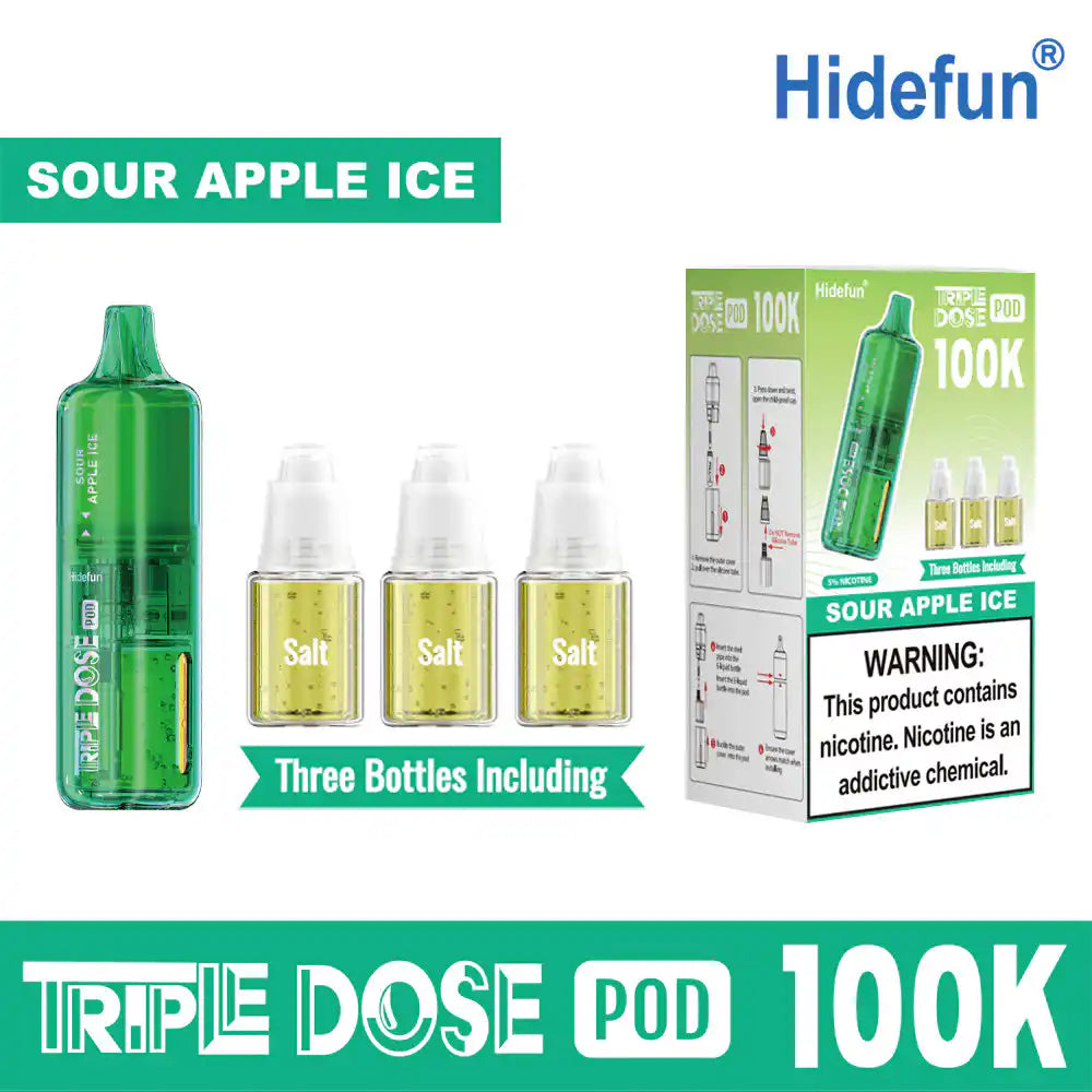 Sour Apple Ice Hide Fun Triple Dose 100K replacement pod, iced, 100,000 puffs, 5% nicotine