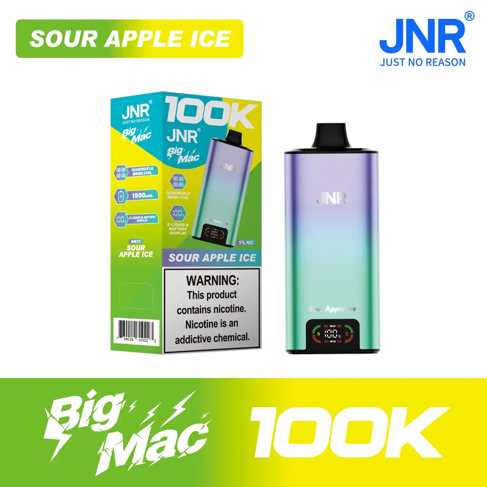 Sour Apple Ice JNR Big Mac 100K disposable vape, iced, 100,000 puffs, 5% nicotine