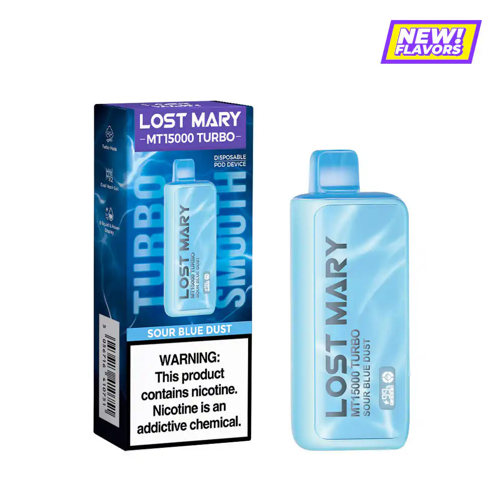 Sour Blue Dust Lost Mary MT15000 Turbo disposable vape, no ice, 15,000 puffs, 5% nicotine