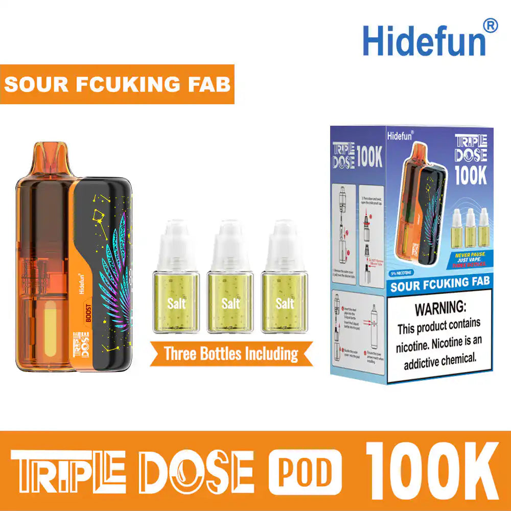 Sour Fcuking Fab Hide Fun Triple Dose 100K Kit disposable vape, no ice, 100,000 puffs, 5% nicotine