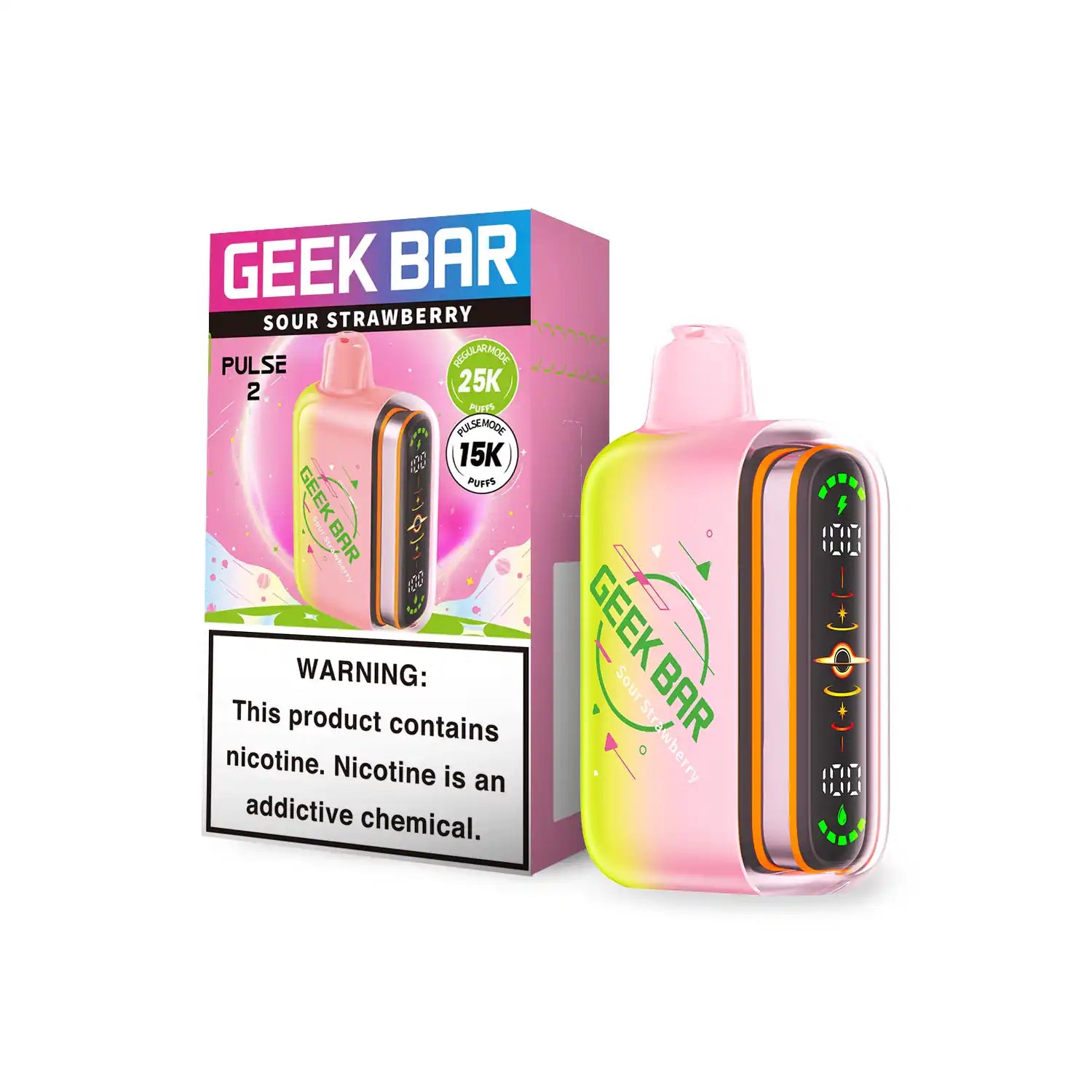 Sour Strawberry Geek Bar Pulse 2 25K disposable vape, no ice, 25000 puffs, 5% nicotine