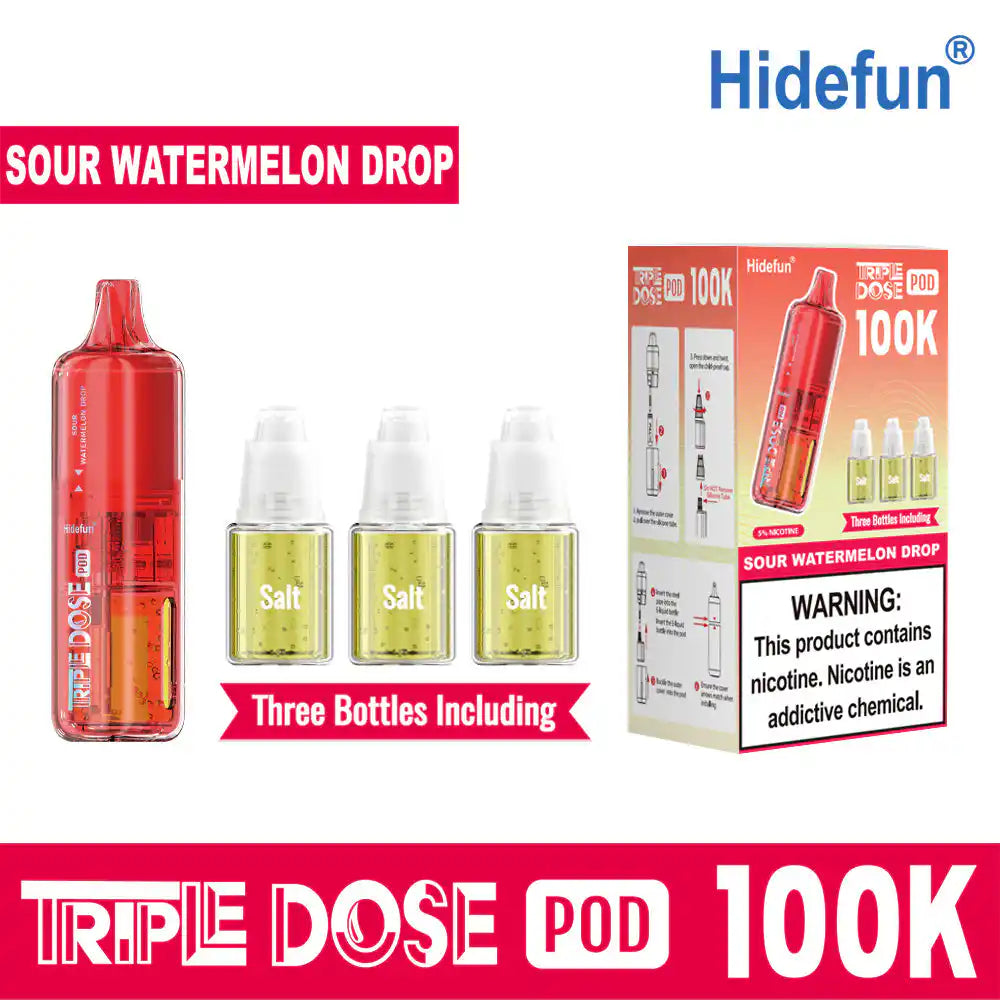 Sour Watermelon Drop Hide Fun Triple Dose 100K replacement pod, no ice, 100,000 puffs, 5% nicotine