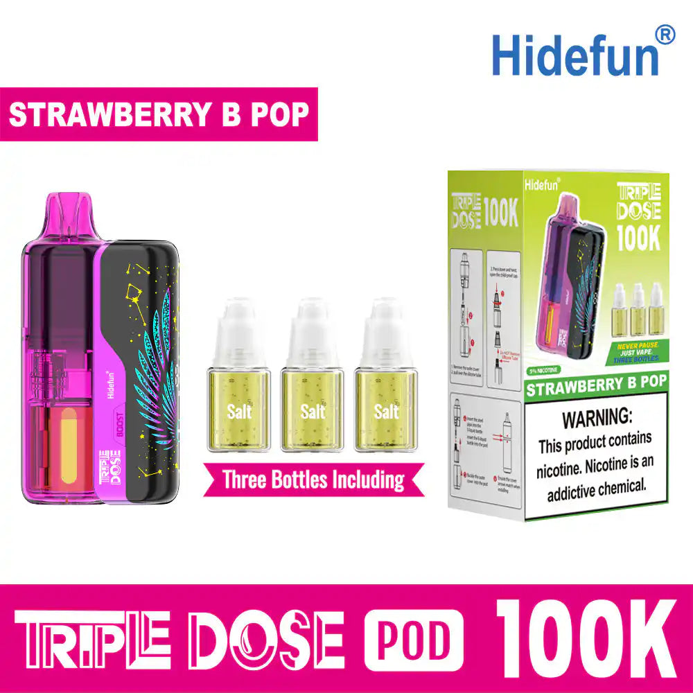 Strawberry B Pop Hide Fun Triple Dose 100K Kit disposable vape, no ice, 100,000 puffs, 5% nicotine