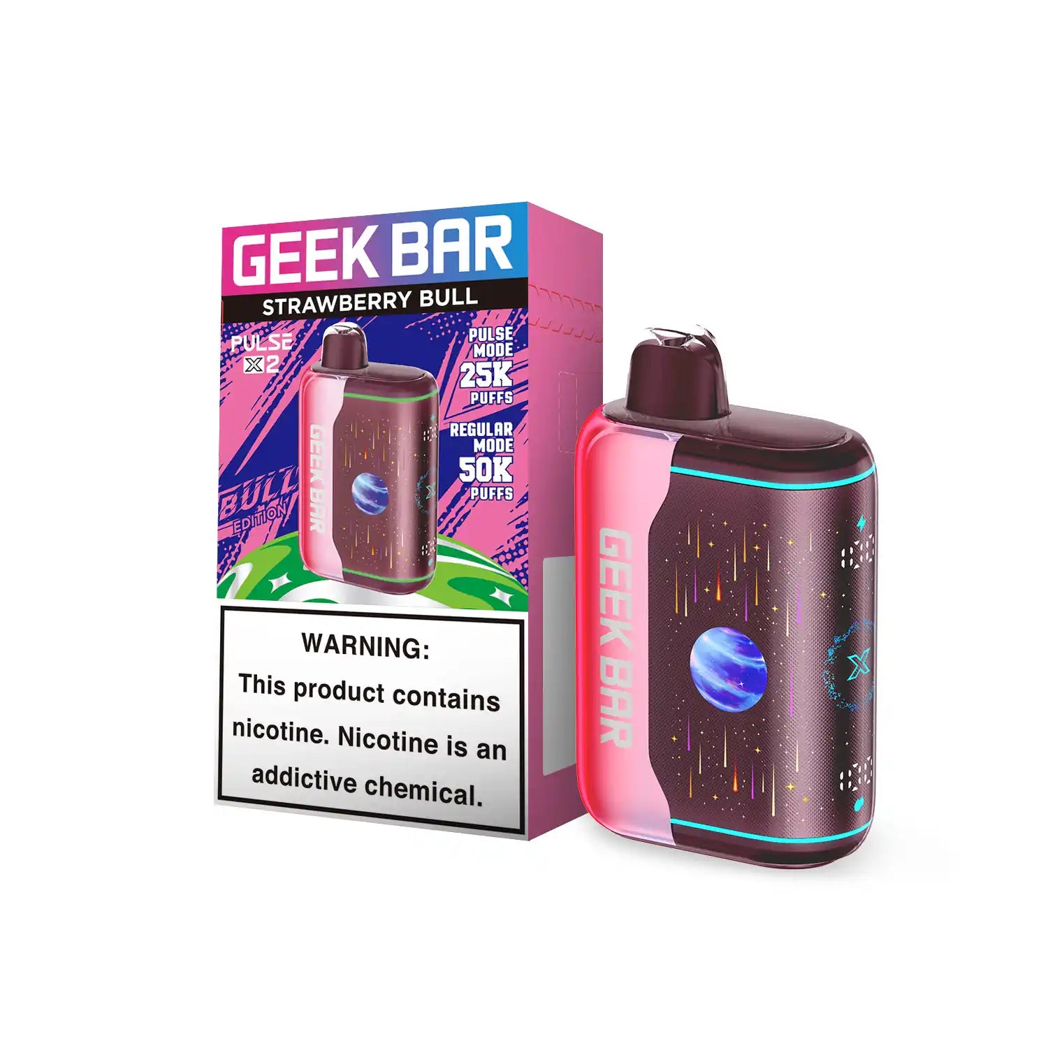 Strawberry Bull Geek Bar Pulse X 2 50K disposable vape, no ice, 50000 puffs, 5% nicotine