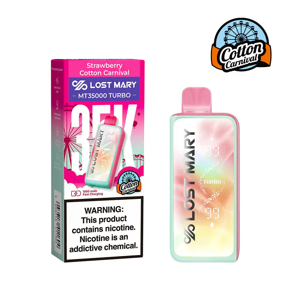 Strawberry Cotton Carnival Lost Mary MT35000 Turbo Cotton Carnival Edition disposable vape, 35,000 puffs, 5% nicotine, no ice