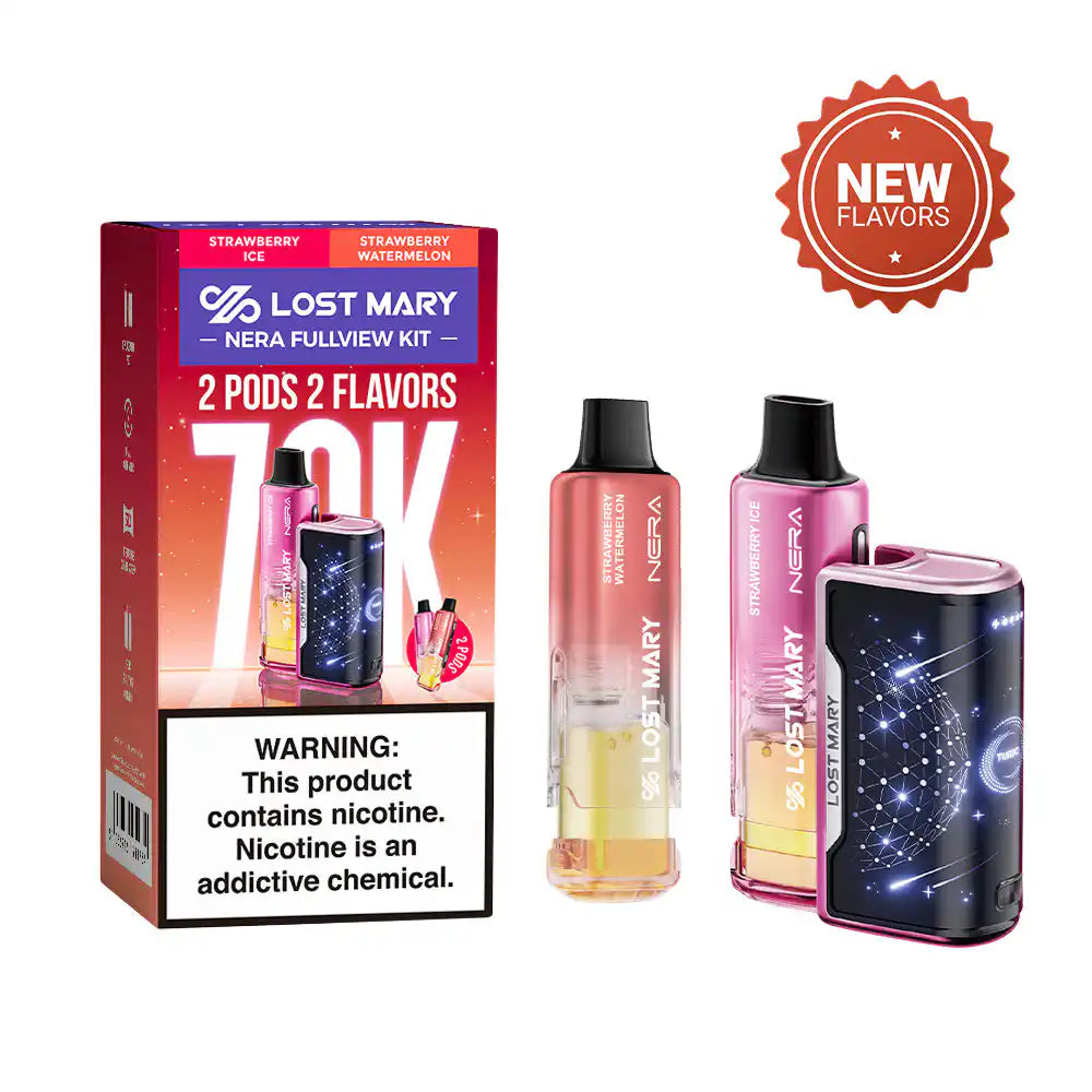 Strawberry Ice & Strawberry Watermelon Lost Mary Nera Fullview 70K disposable vape kit, iced, 70,000 puffs, 5% nicotine