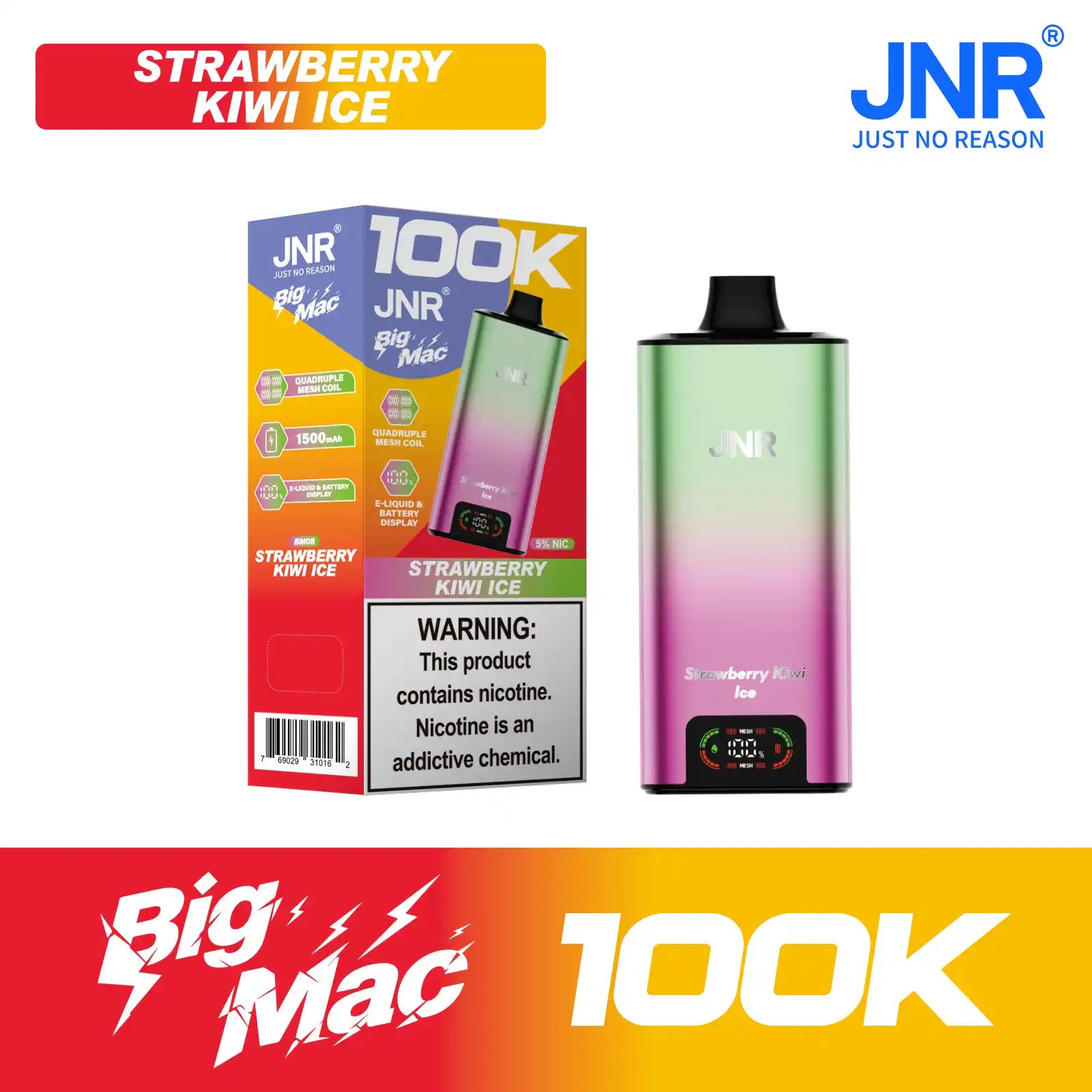 Strawberry Kiwi Ice JNR Big Mac 100K disposable vape, iced, 100,000 puffs, 5% nicotine