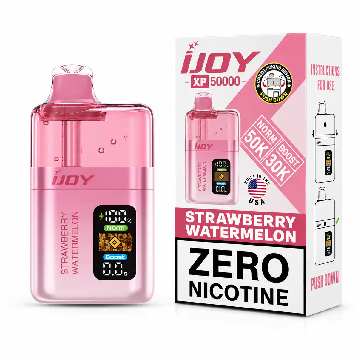 Strawberry Watermelon iJoy XP50000 Zero Nicotine Disposable Vape - 50,000 puffs, 20mL, 0mg nicotine, ripe strawberry and juicy watermelon, no ice - JellyPuffs