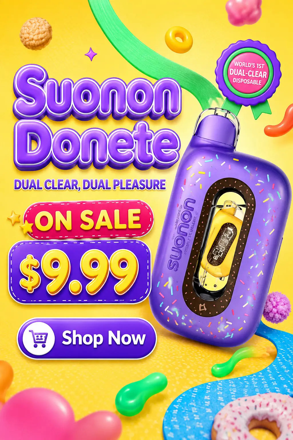 Suonon Donete 50K disposable vape sale banner featuring the purple candy-themed device, $9.99 price, and Shop Now call-to-action