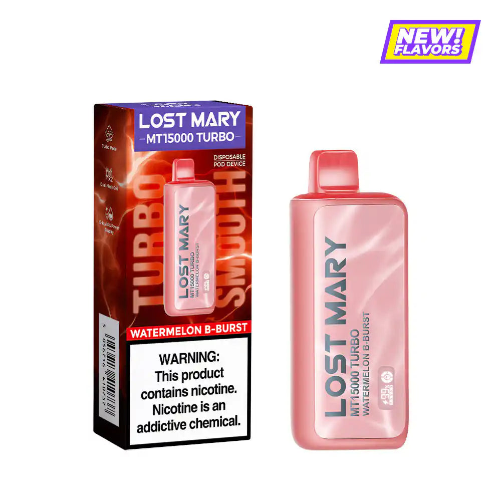 Watermelon B-Burst Lost Mary MT15000 Turbo disposable vape, no ice, 15,000 puffs, 5% nicotine