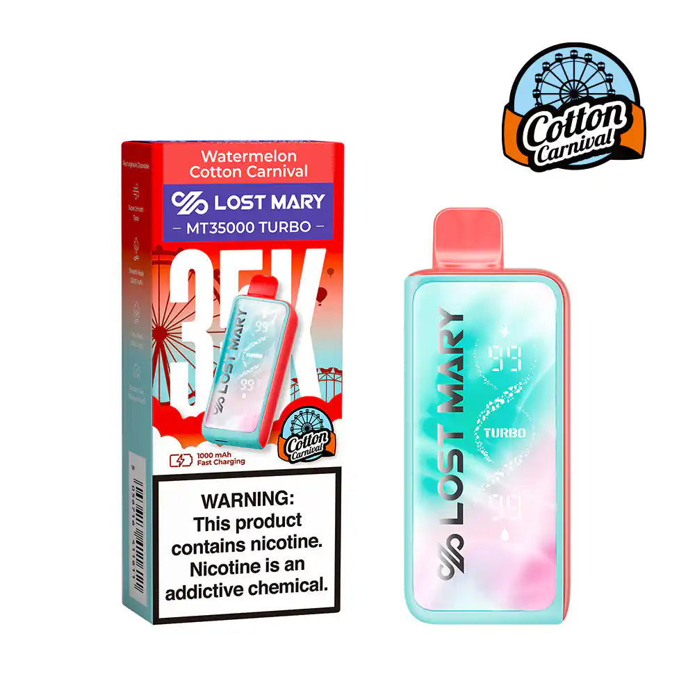 Watermelon Cotton Carnival Lost Mary MT35000 Turbo Cotton Carnival Edition disposable vape, 35,000 puffs, 5% nicotine, no ice