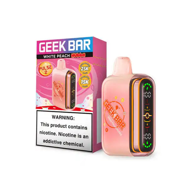 White Peach Hubba Geek Bar Pulse 2 25K disposable vape, no ice, 25000 puffs, 5% nicotine