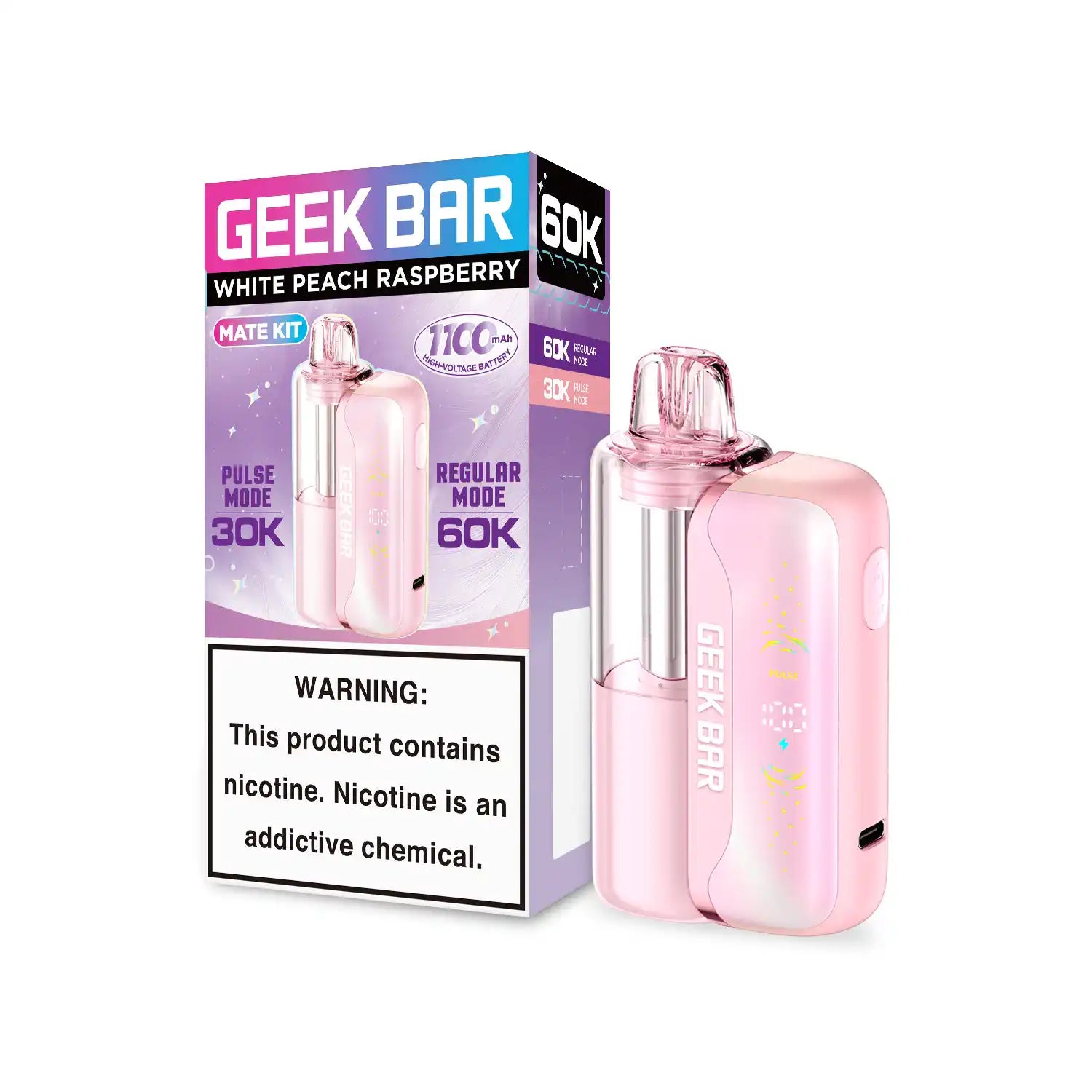 White Peach Raspberry Geek Bar Mate 60K disposable vape kit, no ice, 60,000 puffs, 5% nicotine