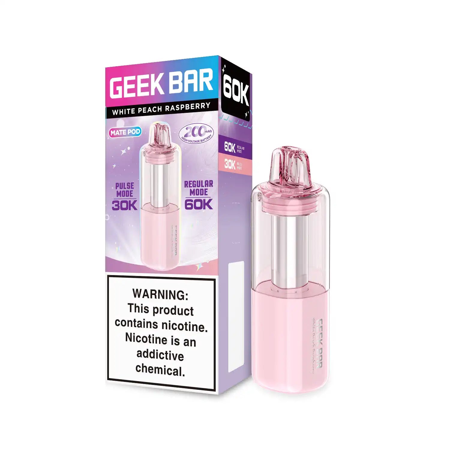 White Peach Raspberry Geek Bar Mate 60K disposable vape pod, no ice, 60,000 puffs, 5% nicotine