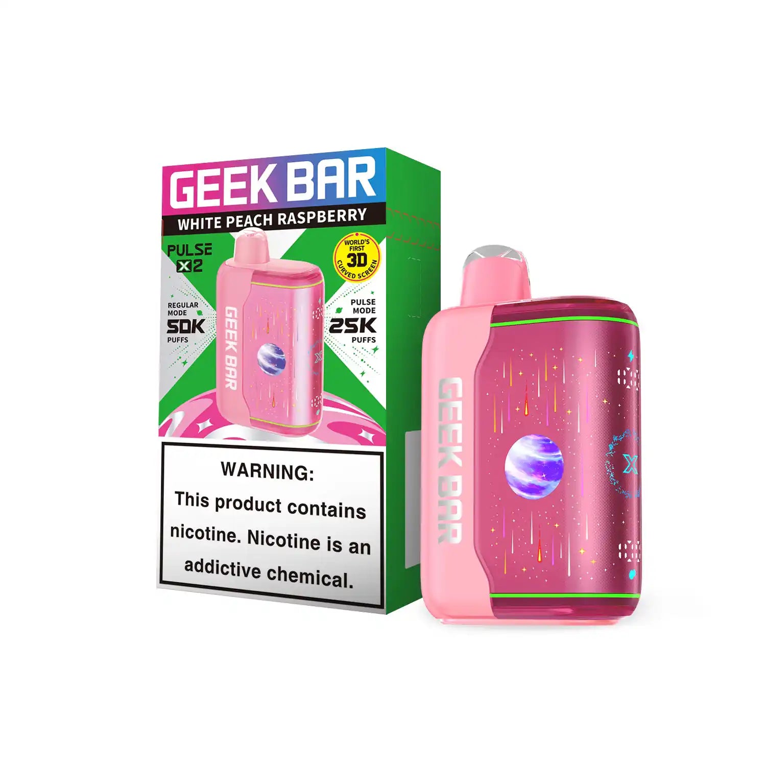 White Peach Raspberry Geek Bar Pulse X 2 50K disposable vape, no ice, 50000 puffs, 5% nicotine