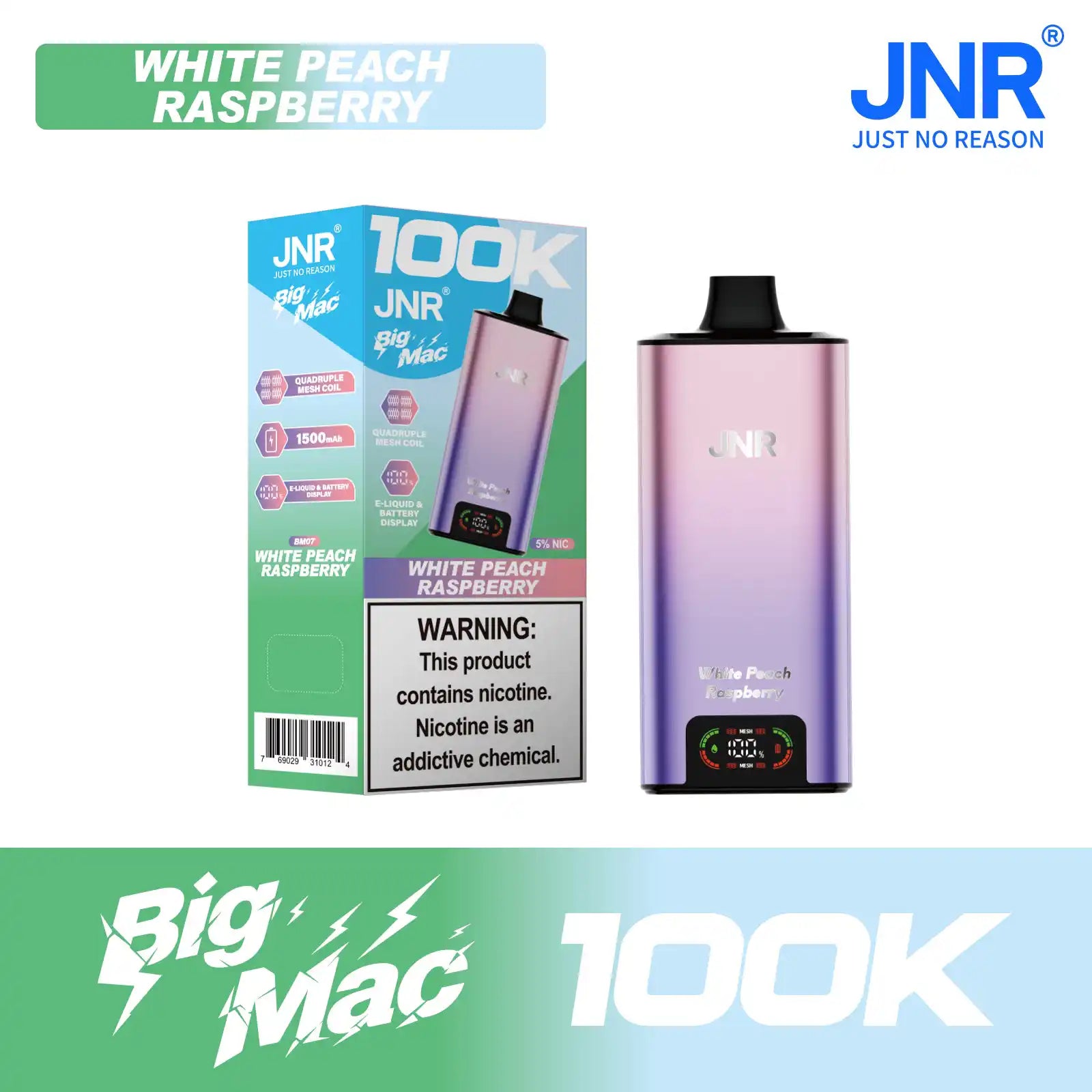 White Peach Raspberry JNR Big Mac 100K disposable vape, no ice, 100,000 puffs, 5% nicotine