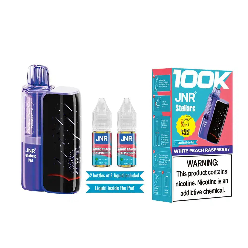 White Peach Raspberry JNR Stellarc 100K disposable vape kit, no ice, up to 100,000 puffs, 5% (50mg) salt nicotine