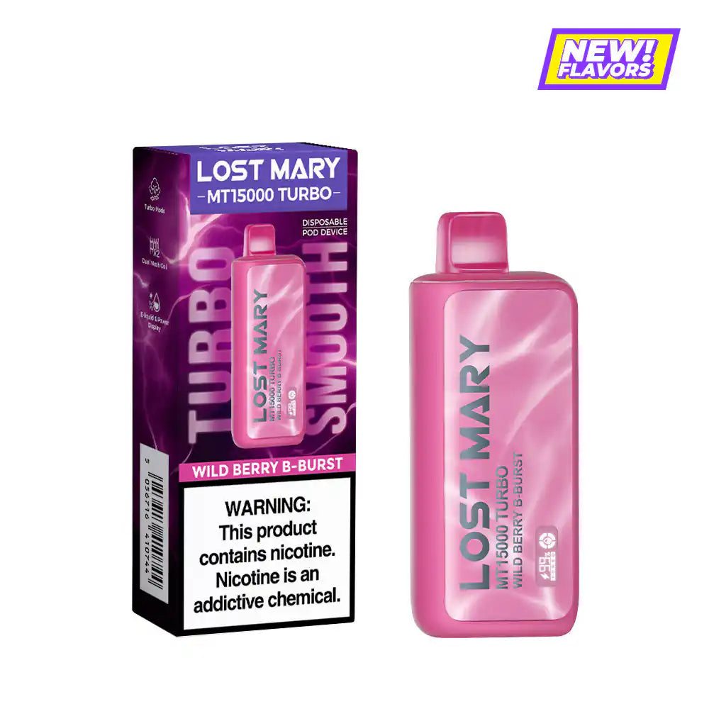 Wild Berry B-Burst Lost Mary MT15000 Turbo disposable vape, no ice, 15,000 puffs, 5% nicotine