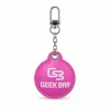 Geek Bar logo keychain in pink with faux-leather tag and swivel clasp