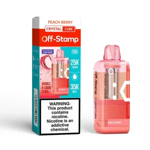 Peach Berry Off-Stamp Crystal Cube 35K disposable pod — honey-sweet Georgia peach layered with ripe mixed summer berries, 35,000 puffs, 18mL, no ice