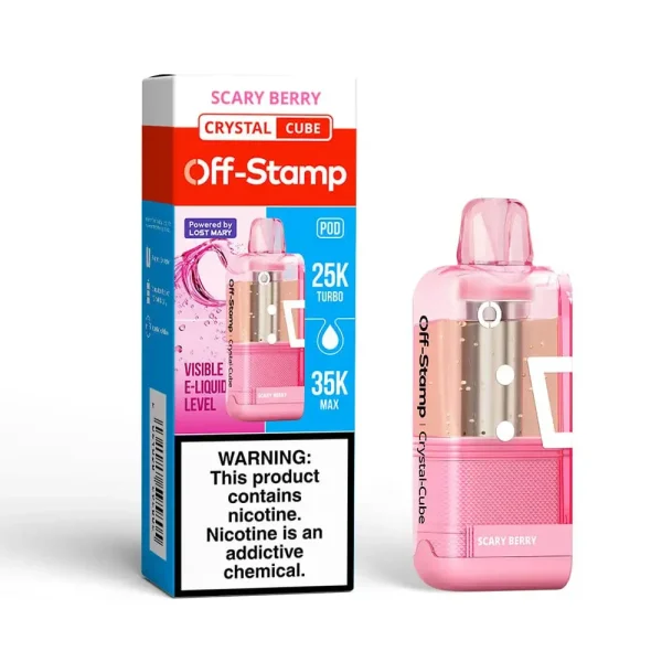 Scary Berry Off-Stamp Crystal Cube 35K disposable pod — tangy-sweet mixed berries with an exotic mystery note and a light cooling chill, 35,000 puffs, 18mL, iced flavor