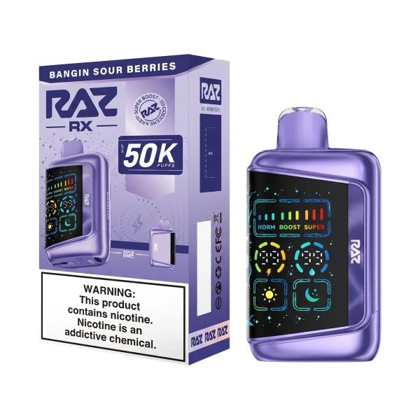 Bangin Sour Berries RAZ RX 50K disposable vape, up to 50,000 puffs, 19mL, 5% nicotine, Texas compliant, iced
