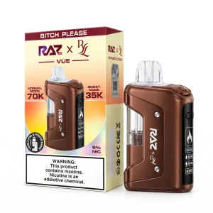 Bitch Please! RAZ x RYL Vue 70K disposable vape kit, 1000mAh power bank and 17mL pod, 5% nicotine, up to 70,000 puffs, no ice