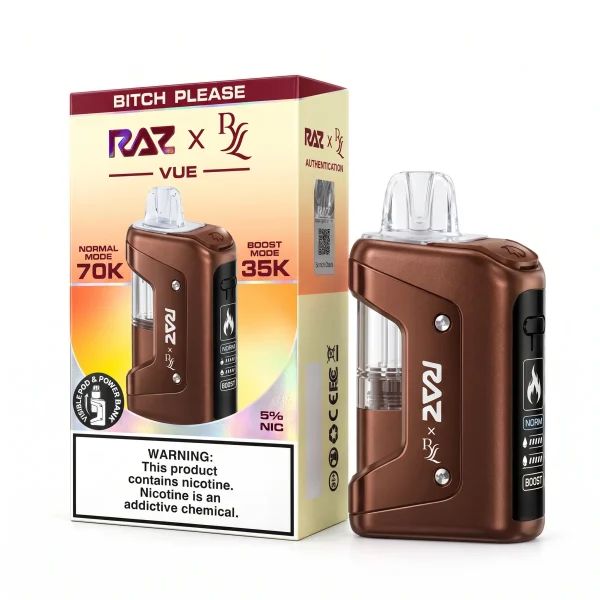 Bitch Please! RAZ x RYL Vue 70K disposable vape kit, 1000mAh power bank and 17mL pod, 5% nicotine, up to 70,000 puffs, no ice