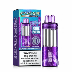 Blackberry Blueberry Foger Switch Pro 30K disposable pod and retail box — jammy dark blackberry and blueberry, no ice — JellyPuffs