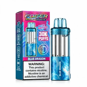 Blue Dragon Foger Switch Pro 30K disposable pod and retail box — blue razz over smooth dragon fruit, no ice — JellyPuffs