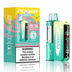 Blue Rancher B-Pop Foger Switch Pro 30K disposable vape kit with smart-screen power bank and retail box — Jolly Rancher blue hard candy burst, no ice — JellyPuffs