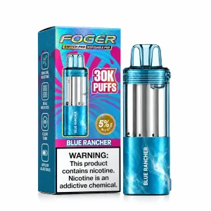 Blue Rancher Foger Switch Pro 30K disposable pod and retail box — Jolly Rancher blue hard candy burst, no ice — JellyPuffs