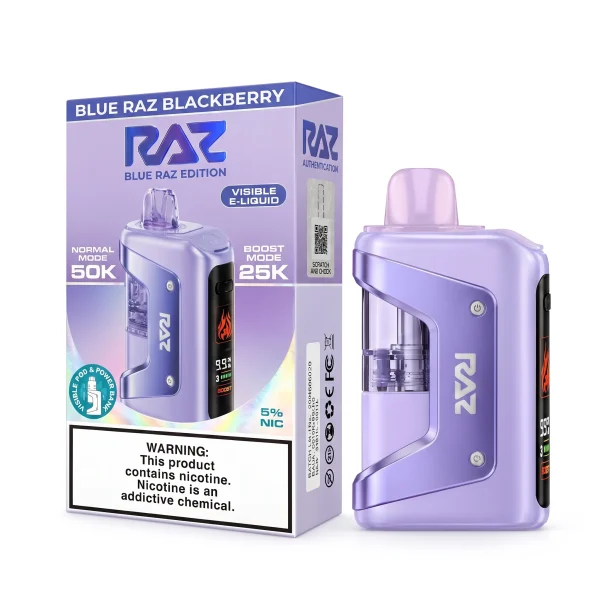 Blue Raz Blackberry RAZ Vue 50K disposable vape kit, 900mAh power bank and 13mL pod, 5% nicotine, up to 50,000 puffs, no ice