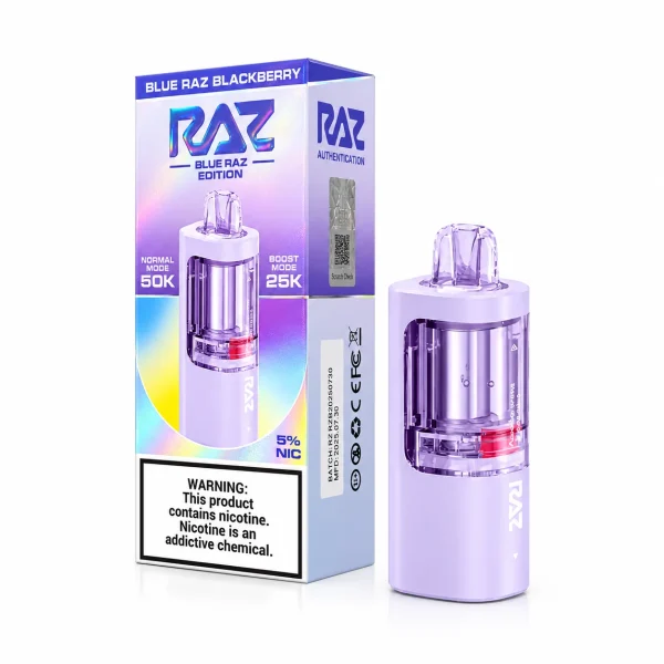 Blue Raz Blackberry RAZ Vue 50K disposable pod — blue raspberry candy and blackberry, 50,000 puffs, Texas compliant, no ice