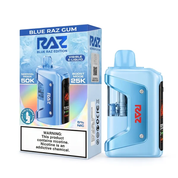 Blue Raz Gum RAZ Vue 50K disposable vape kit, 900mAh power bank and 13mL pod, 5% nicotine, up to 50,000 puffs, no ice